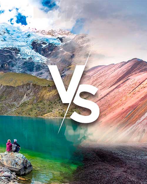 Panoramic photo of a vs. between the Humantay lagoon and the Rainbow Mountain.