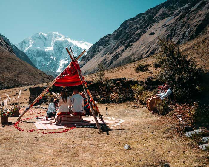 Andean Wedding Ceremony in Soraypampa surrounded by the Sacred Mountains of Salkantay and Humantay